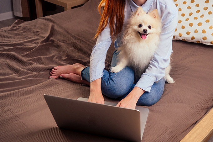 Woman sitting on bed with puppy in her lap smiling at the camera while woman is using a laptop to work